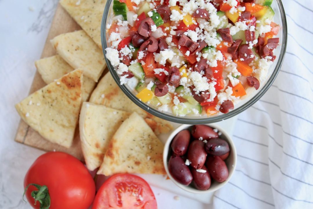 Greek Salad and Hummus Layer Dip Amidst the Chaos
