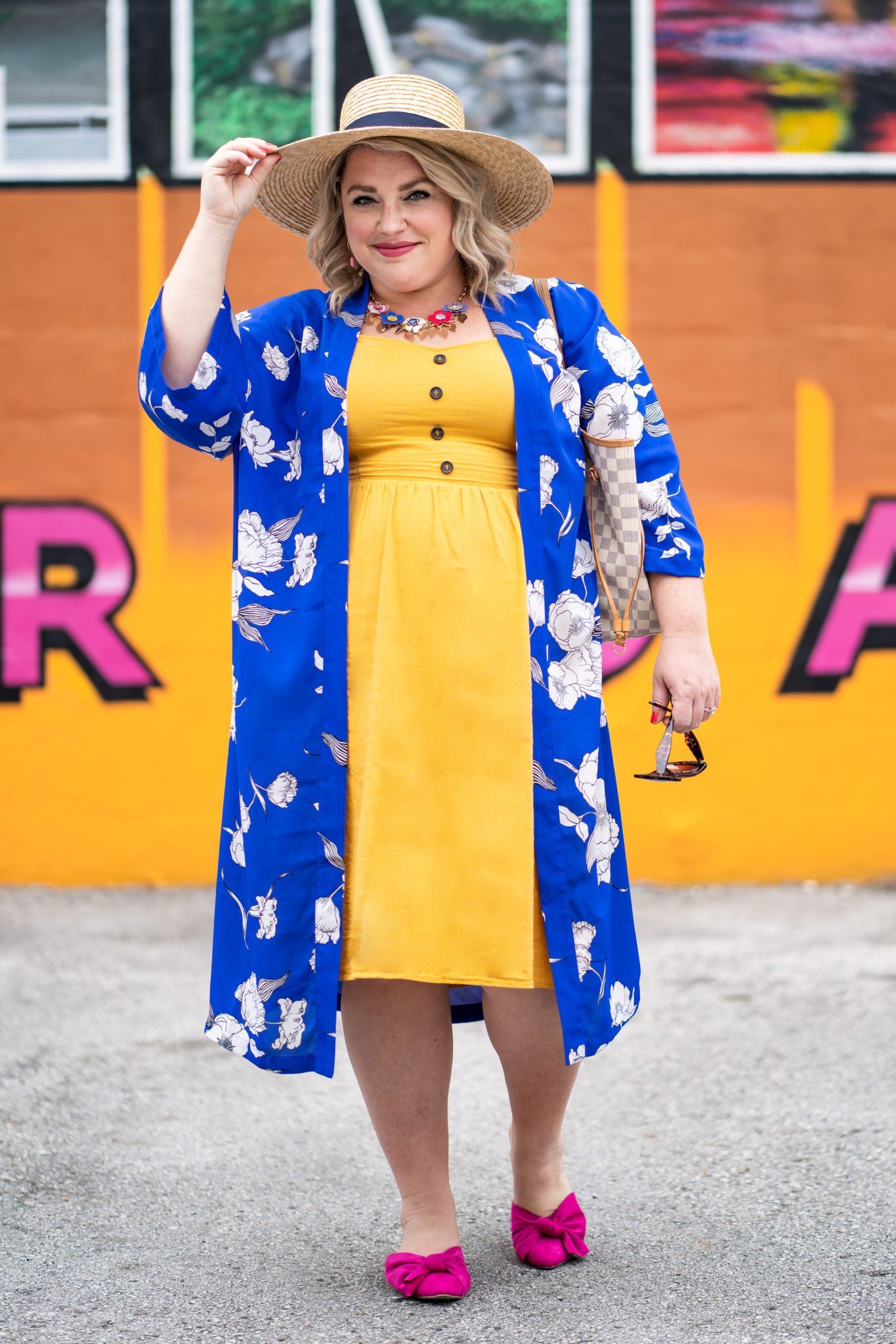 blue and mustard yellow outfit